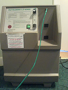 A home oxygen concentrator in an emphysema patient's house. The model shown is the DeVILBISS LT 4000.